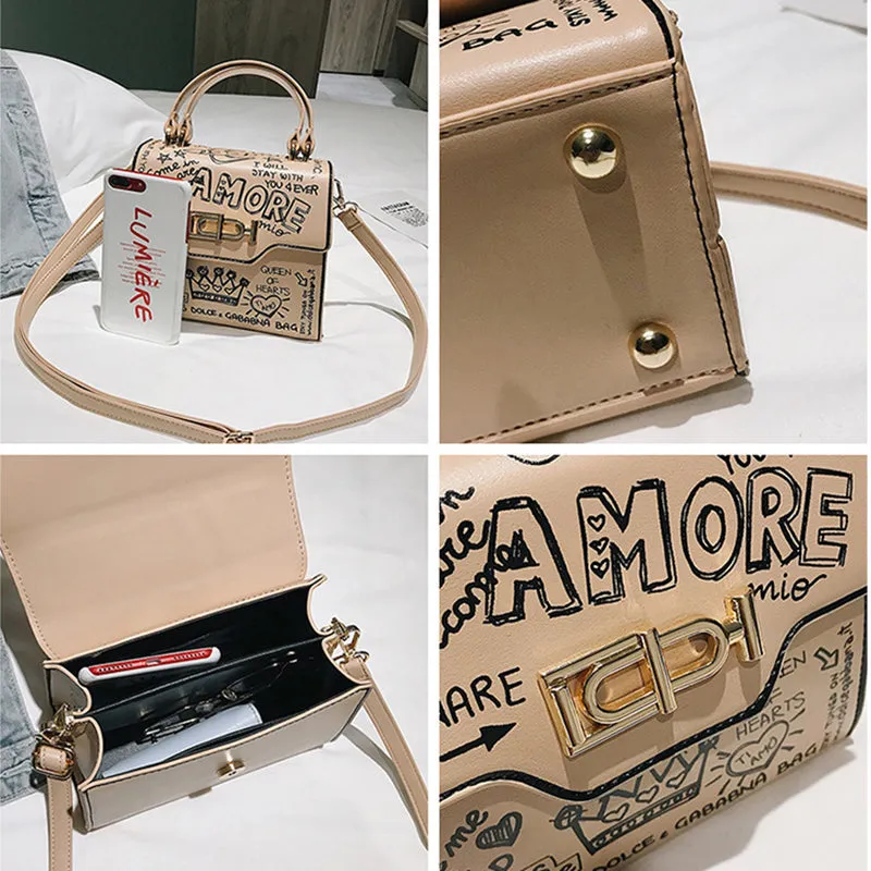 Letter Print Lock Single Shoulder Diagonal Handbag