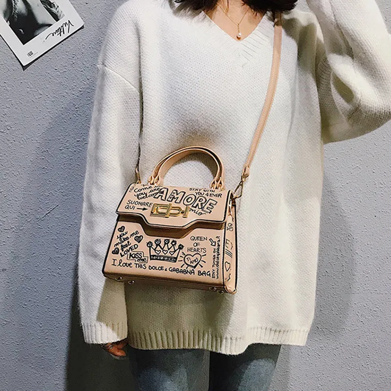 Letter Print Lock Single Shoulder Diagonal Handbag