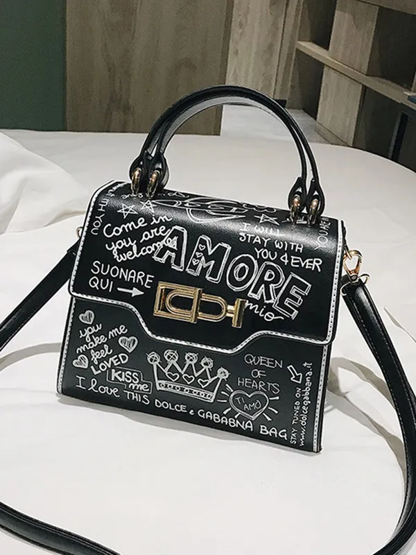 Letter Print Lock Single Shoulder Diagonal Handbag