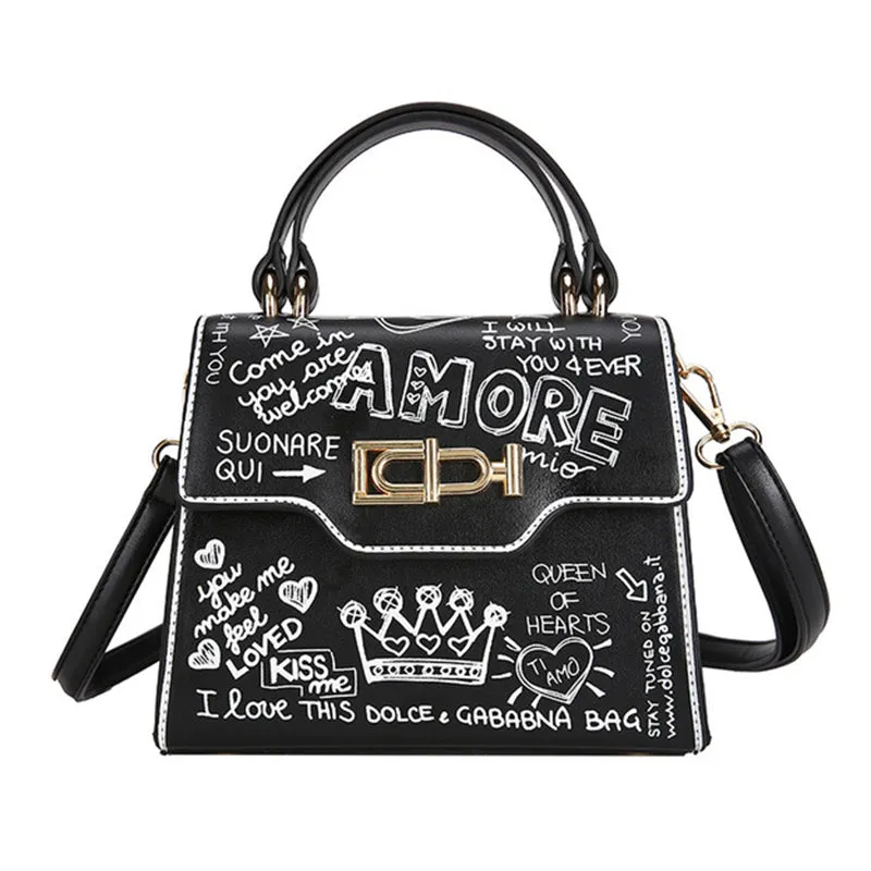 Letter Print Lock Single Shoulder Diagonal Handbag