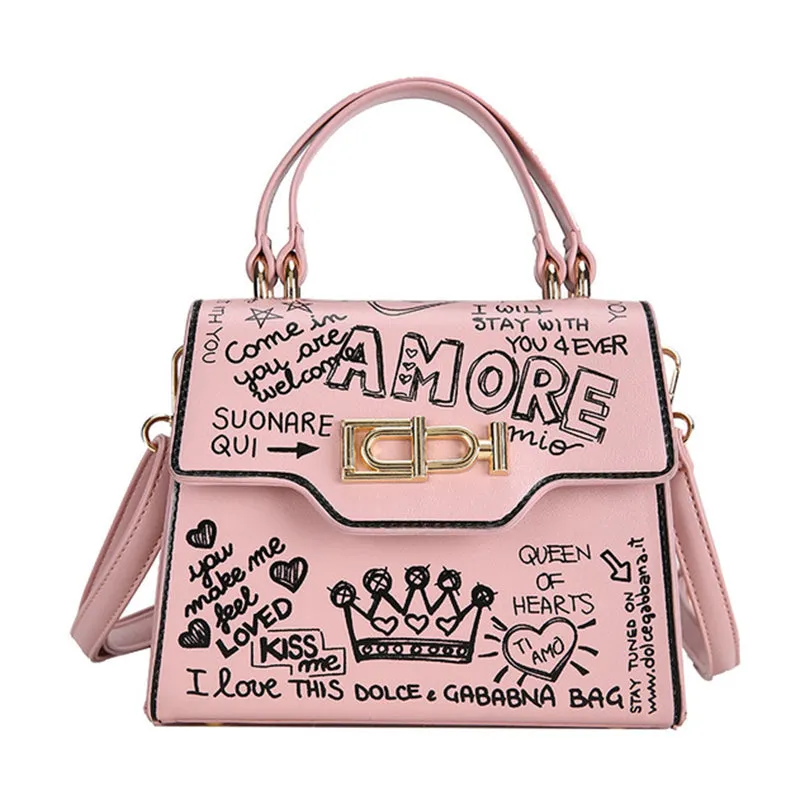 Letter Print Lock Single Shoulder Diagonal Handbag