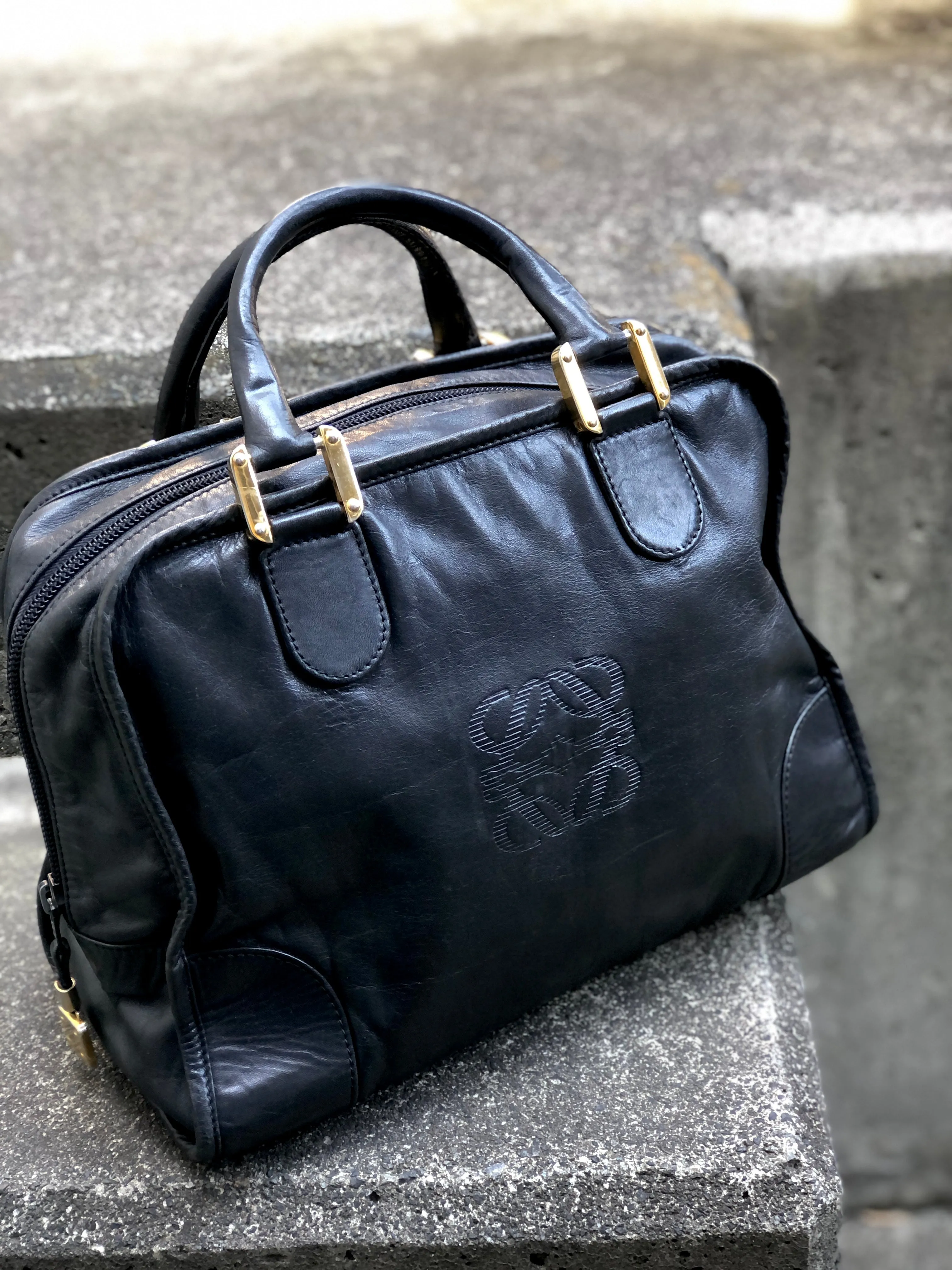 LOEWE Anagram Boston bag Handbag Black Vintage Old zy8pdh