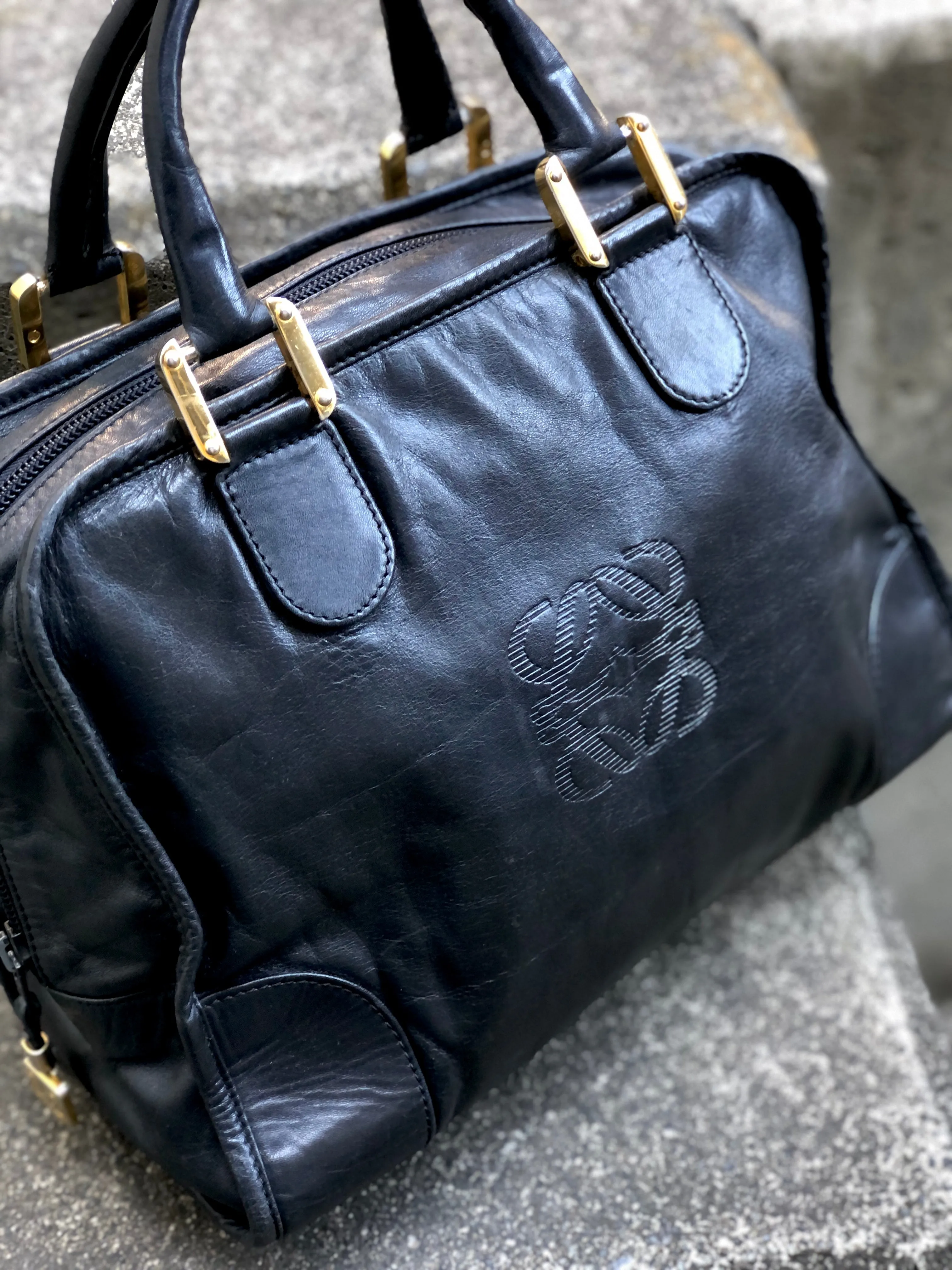LOEWE Anagram Boston bag Handbag Black Vintage Old zy8pdh
