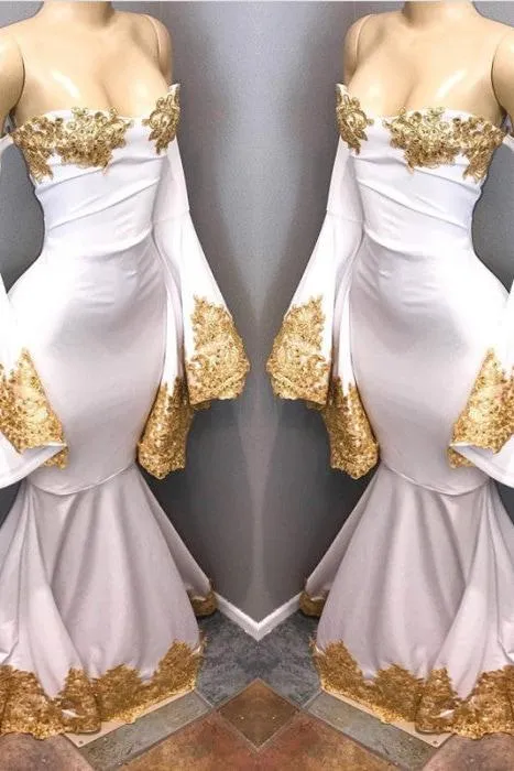 Long Sleeves Prom Party Gowns with gold appliques, mermaid evening dress