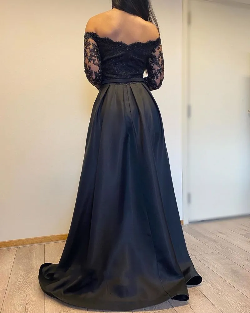 Long Sleevess Black A-line off-the-shoulder Evening Dresses