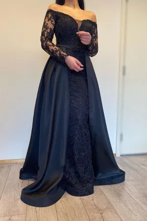 Long Sleevess Black A-line off-the-shoulder Evening Dresses
