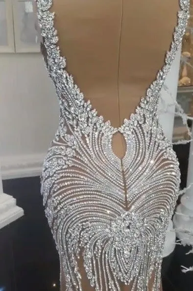 Luxurious Crystals Mermaid Wedding Dresses V Neck Backless Champagne Bridal Gowns
