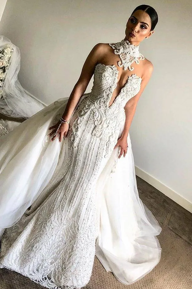 Luxurious High Neck Mermaid Sleeveless Wedding DressNew Arrival Lace Appliques Overskirt Bridal Gown
