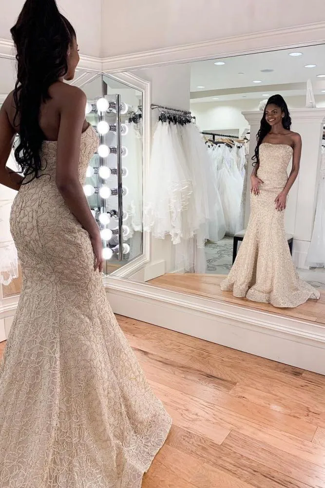 Luxurious Strapless Beadings Mermaid Wedding Dress Affordable Sleeveless Long Bridal Gown