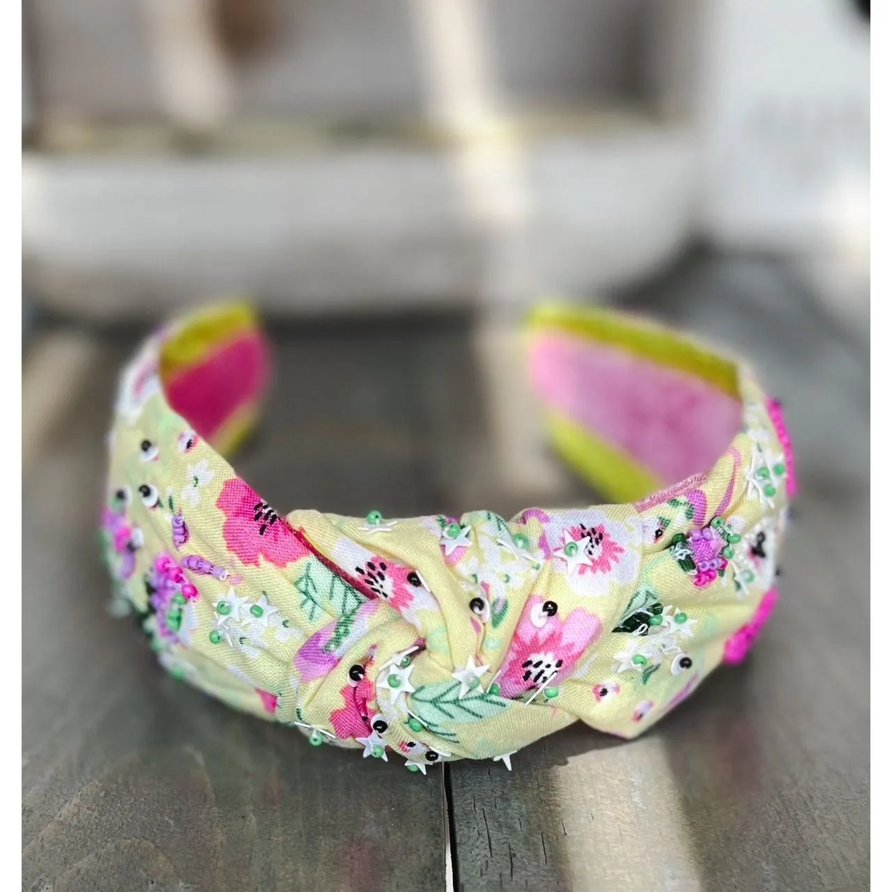 Manteo Yellow Pink and Purple Pansies Top Knot Seed Beaded Headband