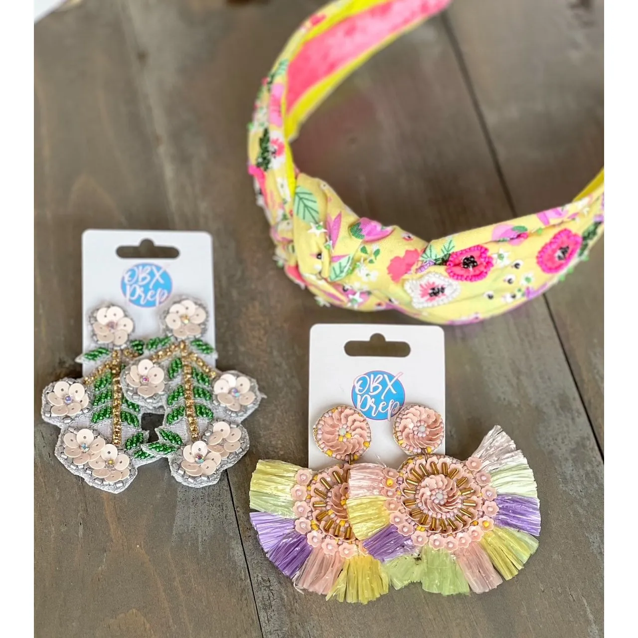 Manteo Yellow Pink and Purple Pansies Top Knot Seed Beaded Headband