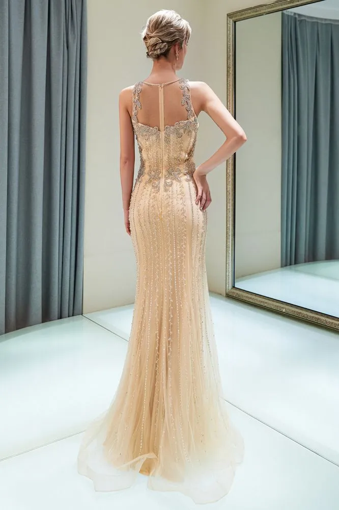 MATILDA Mermaid Floor Length Sleeveless Beading Golden Evening Dresses