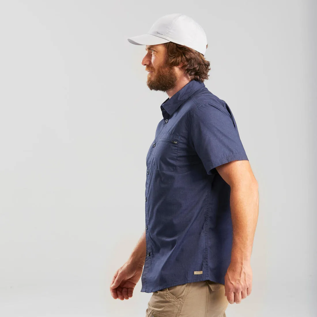 Men's short-sleeved trekking travel shirt - TRAVEL100 - Blue