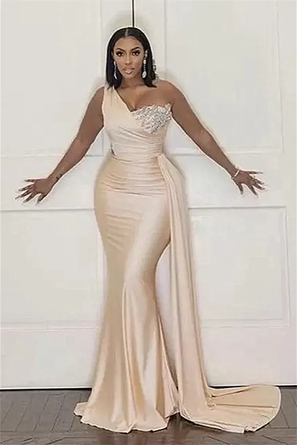 Mermaid Asymmetrical Floor-length Sleeveless Open Back Applique With Side Train Prom Dress