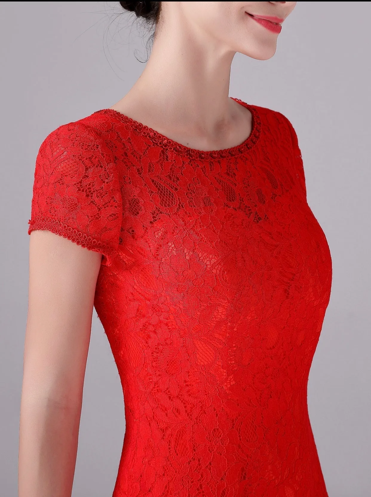 Mermaid Jewel Lace Floor Length Short sleeves Vintage mother's dress