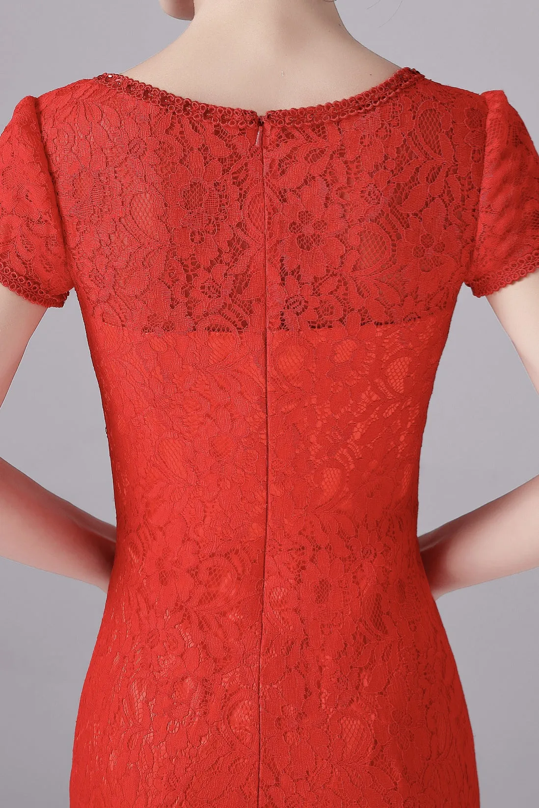Mermaid Jewel Lace Floor Length Short sleeves Vintage mother's dress