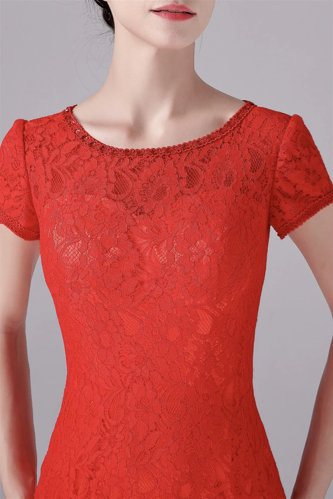Mermaid Jewel Lace Floor Length Short sleeves Vintage mother's dress
