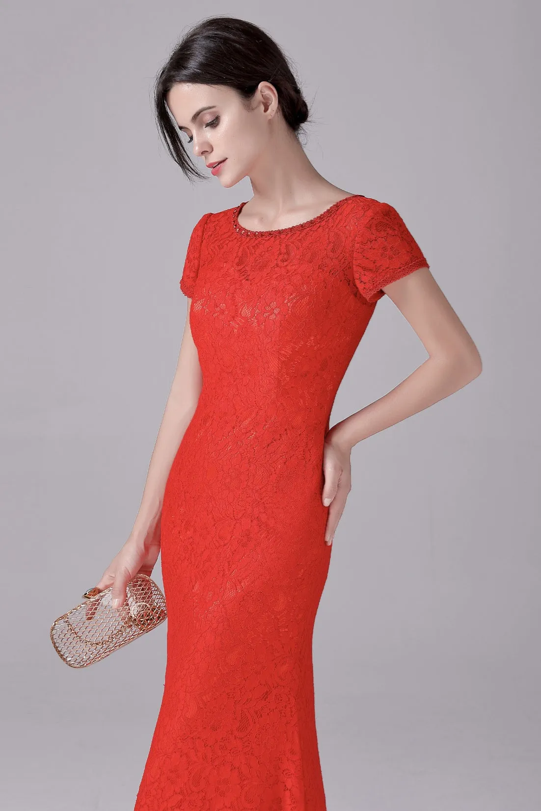 Mermaid Jewel Lace Floor Length Short sleeves Vintage mother's dress