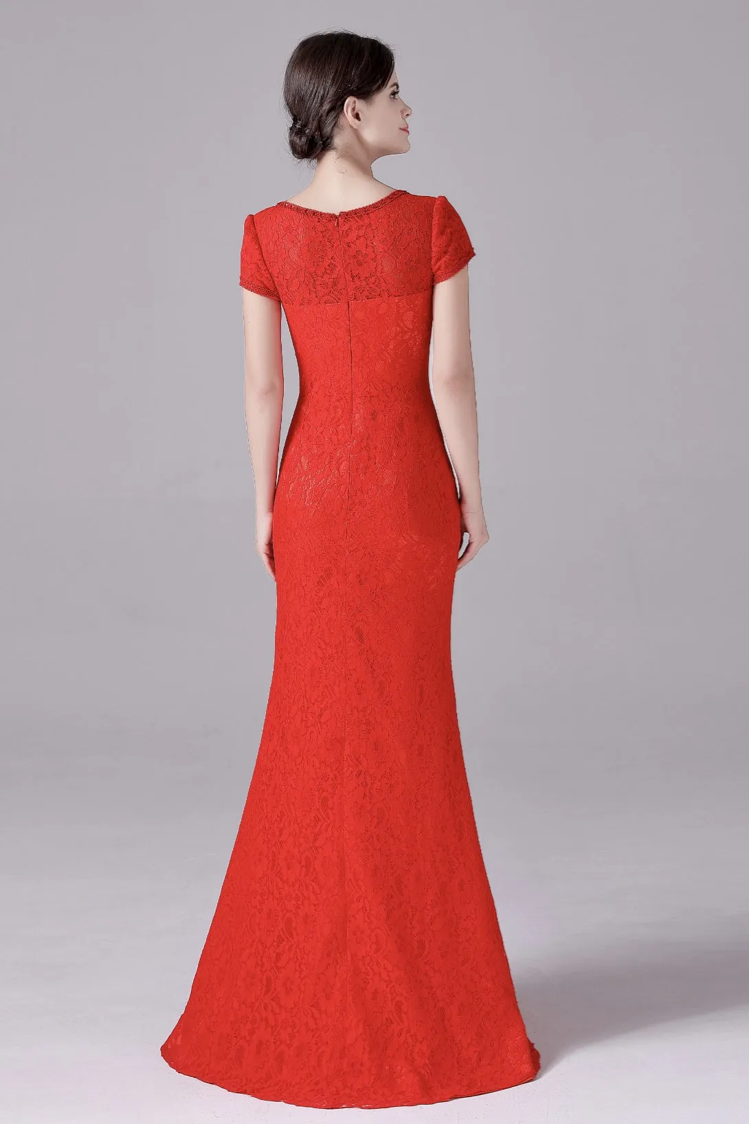Mermaid Jewel Lace Floor Length Short sleeves Vintage mother's dress