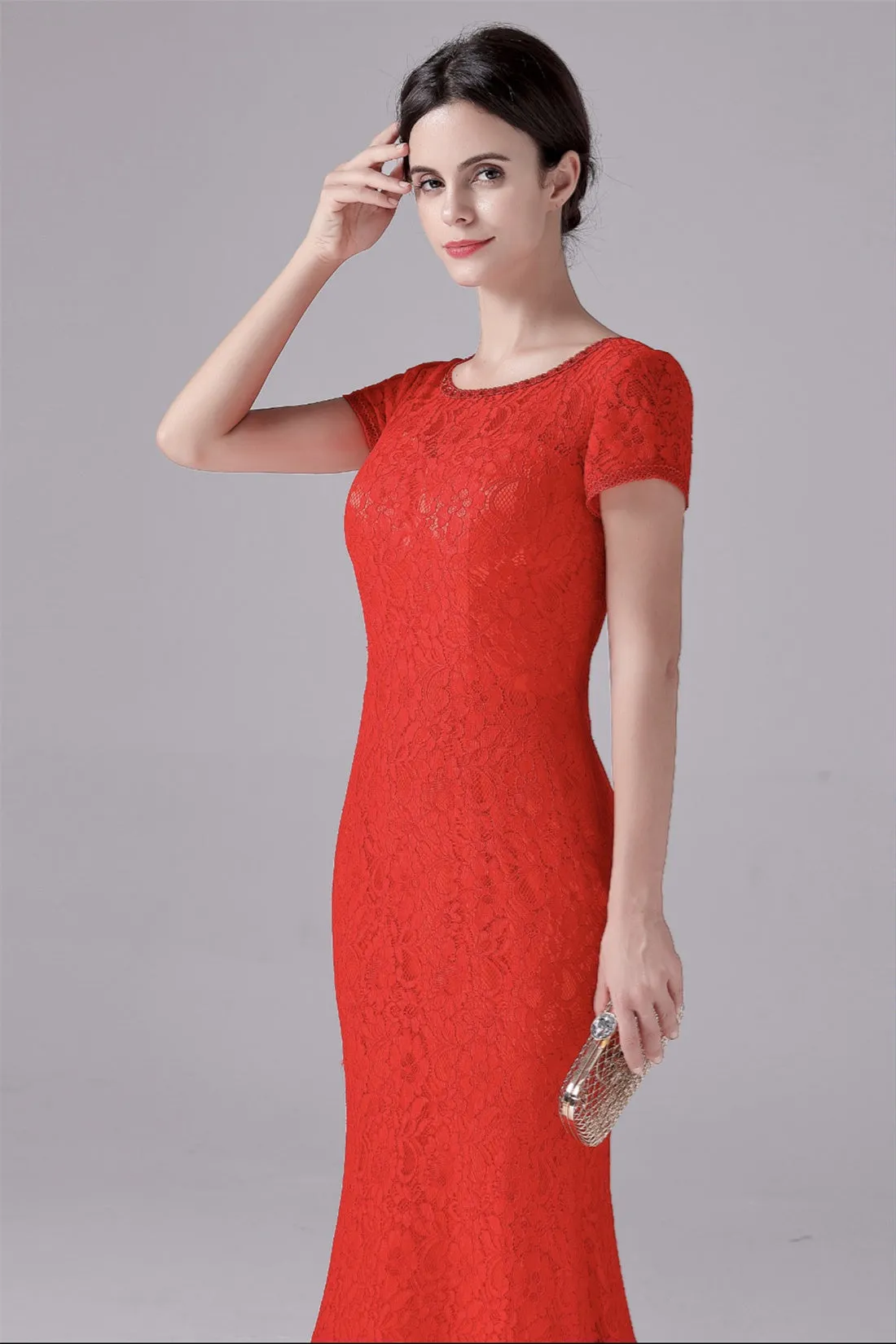 Mermaid Jewel Lace Floor Length Short sleeves Vintage mother's dress