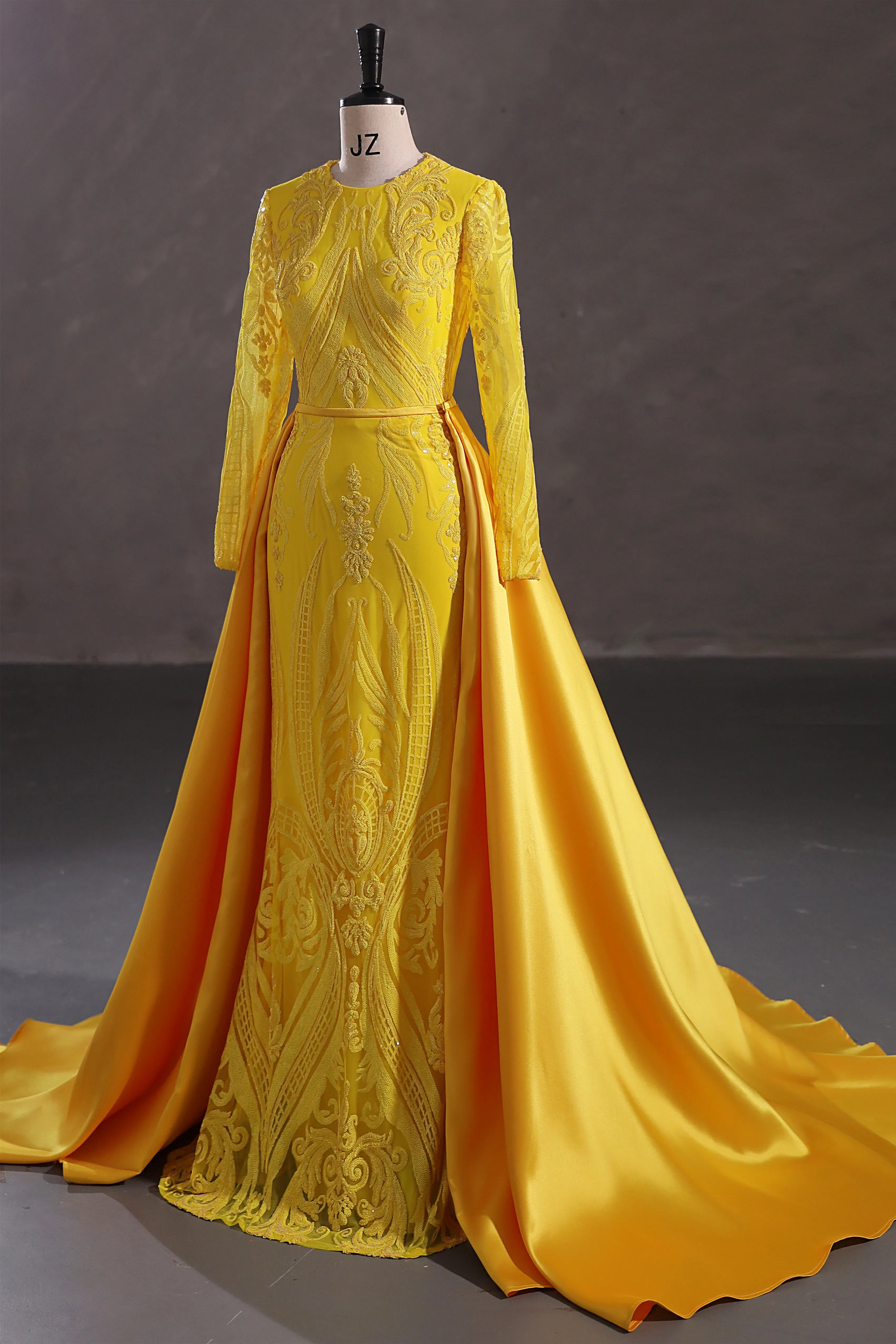 Mermaid Jewel Lace Sequined Floor-length Long Sleeve Detachable Train Elegant Prom Dress