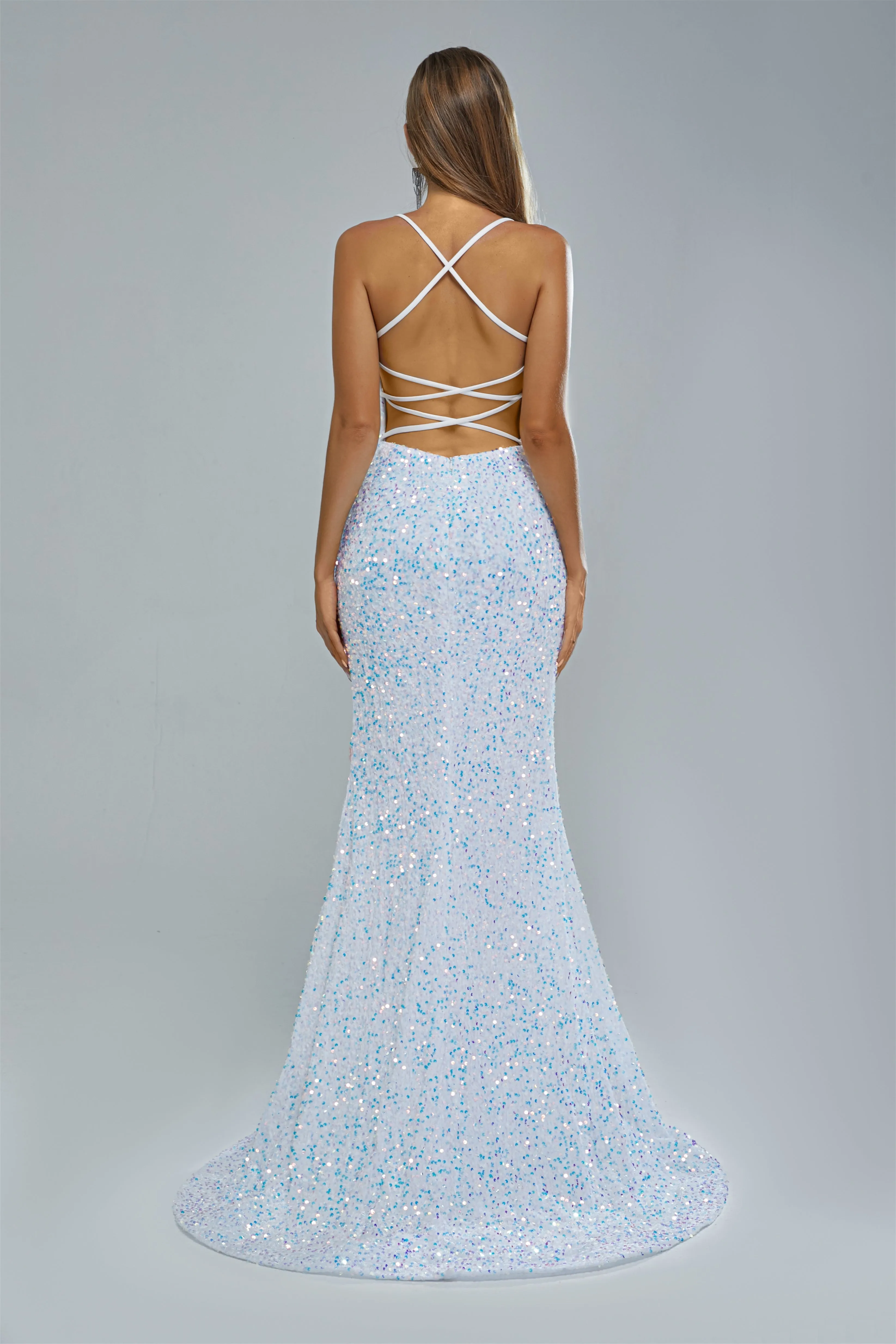 Mermaid Spaghetti strap Sequined Floor-length Sleeveless Backless High Split Elegant Prom Dress