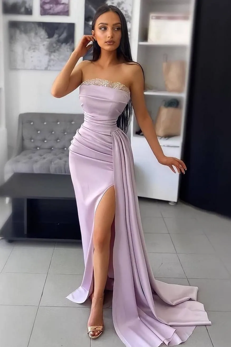 Mermaid Strapless Lace Floor-length Sleeveless Backless High Split Prom Dress