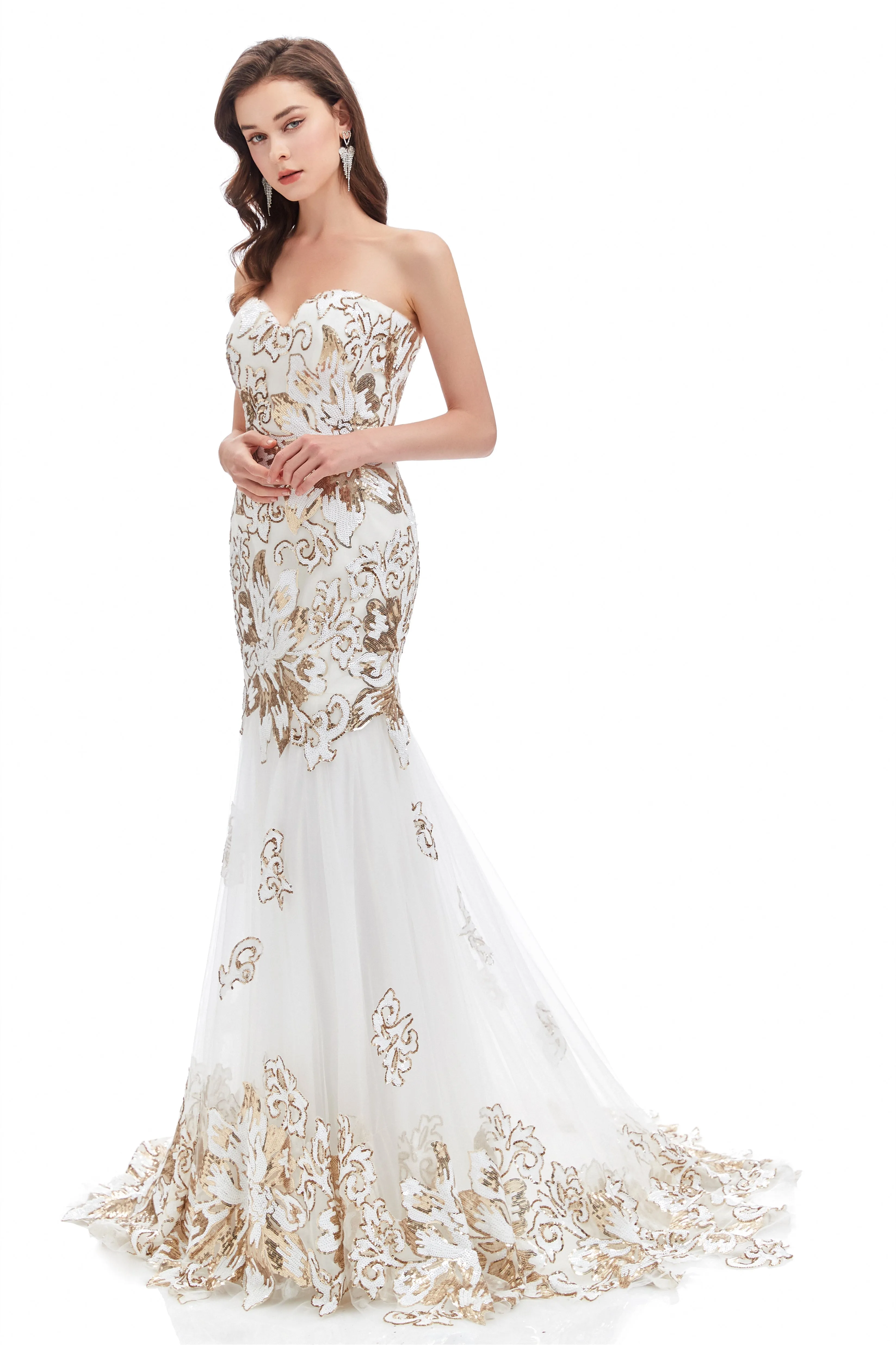 Mermaid Strapless Sweetheart Lace Sequined Floor-length Sleeveless Backless Prom Dress