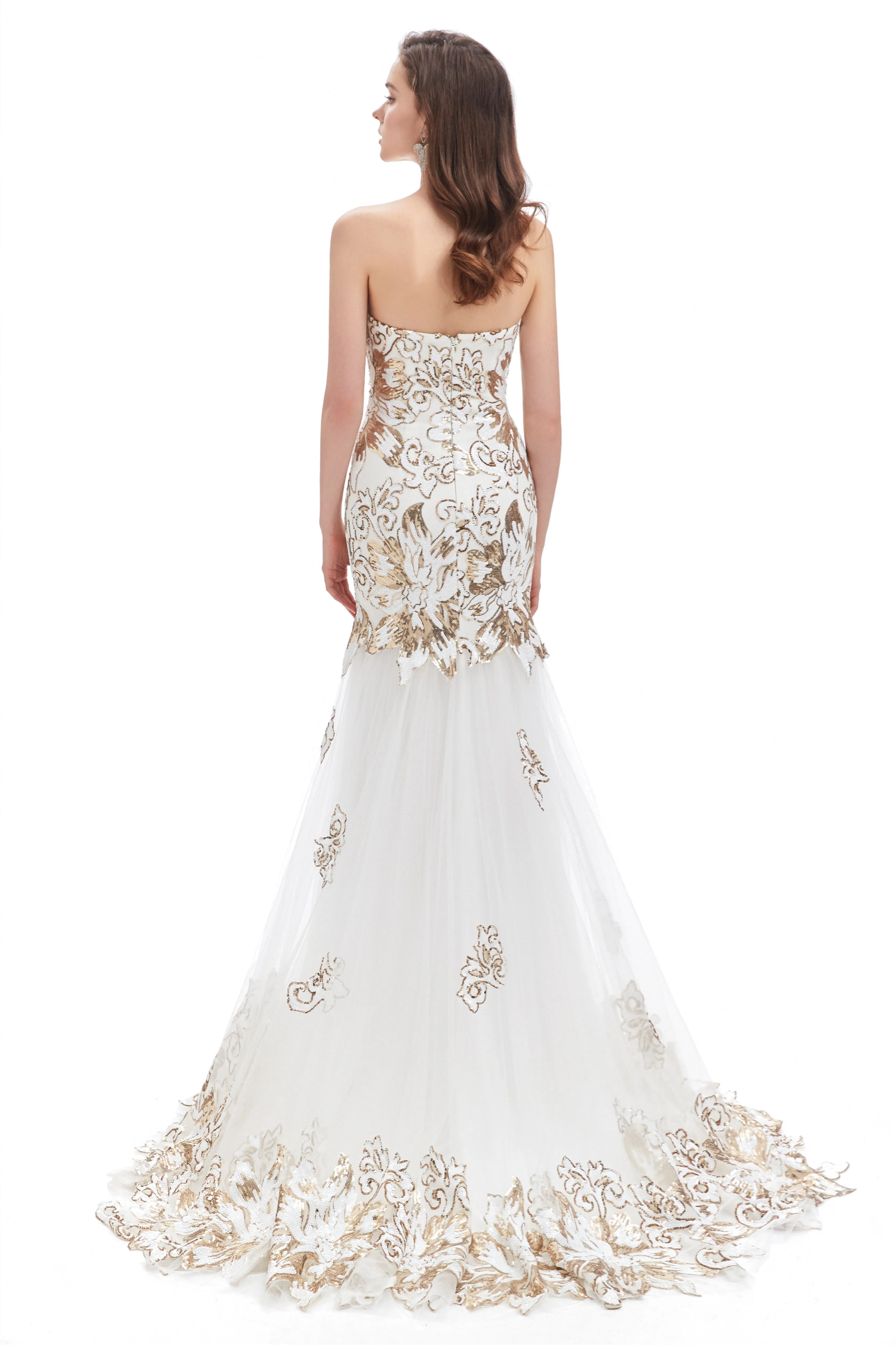 Mermaid Strapless Sweetheart Lace Sequined Floor-length Sleeveless Backless Prom Dress