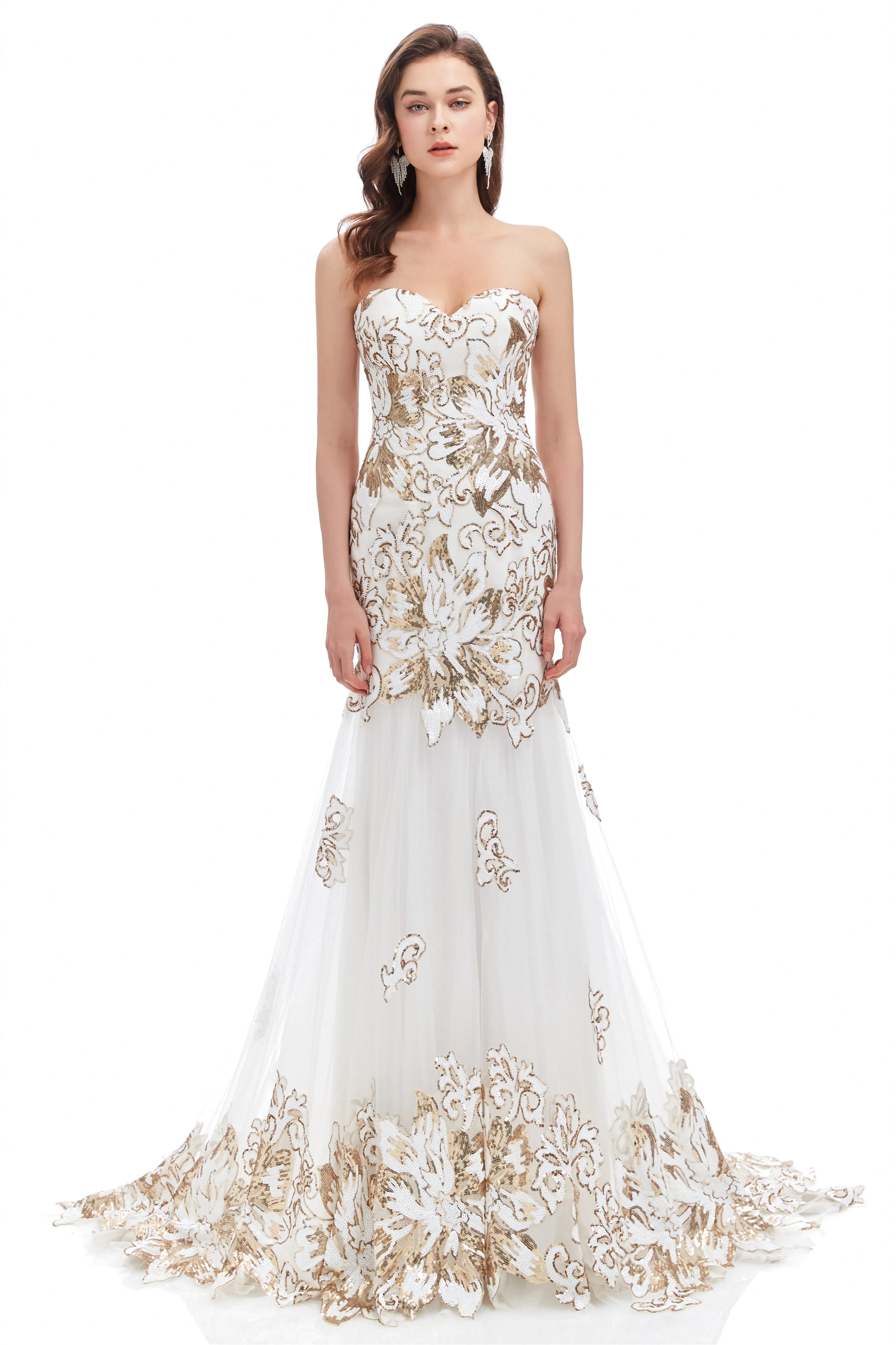 Mermaid Strapless Sweetheart Lace Sequined Floor-length Sleeveless Backless Prom Dress
