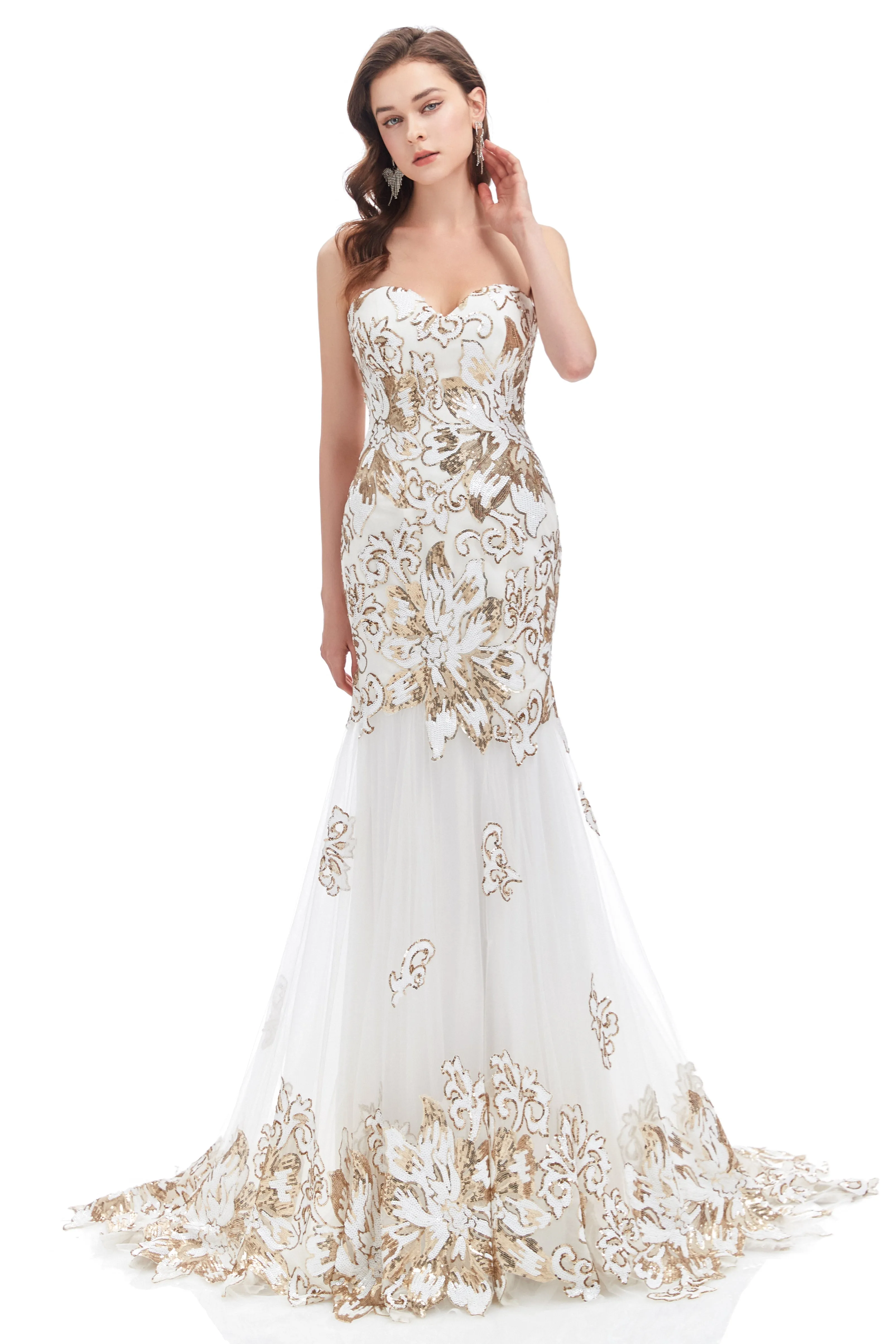 Mermaid Strapless Sweetheart Lace Sequined Floor-length Sleeveless Backless Prom Dress