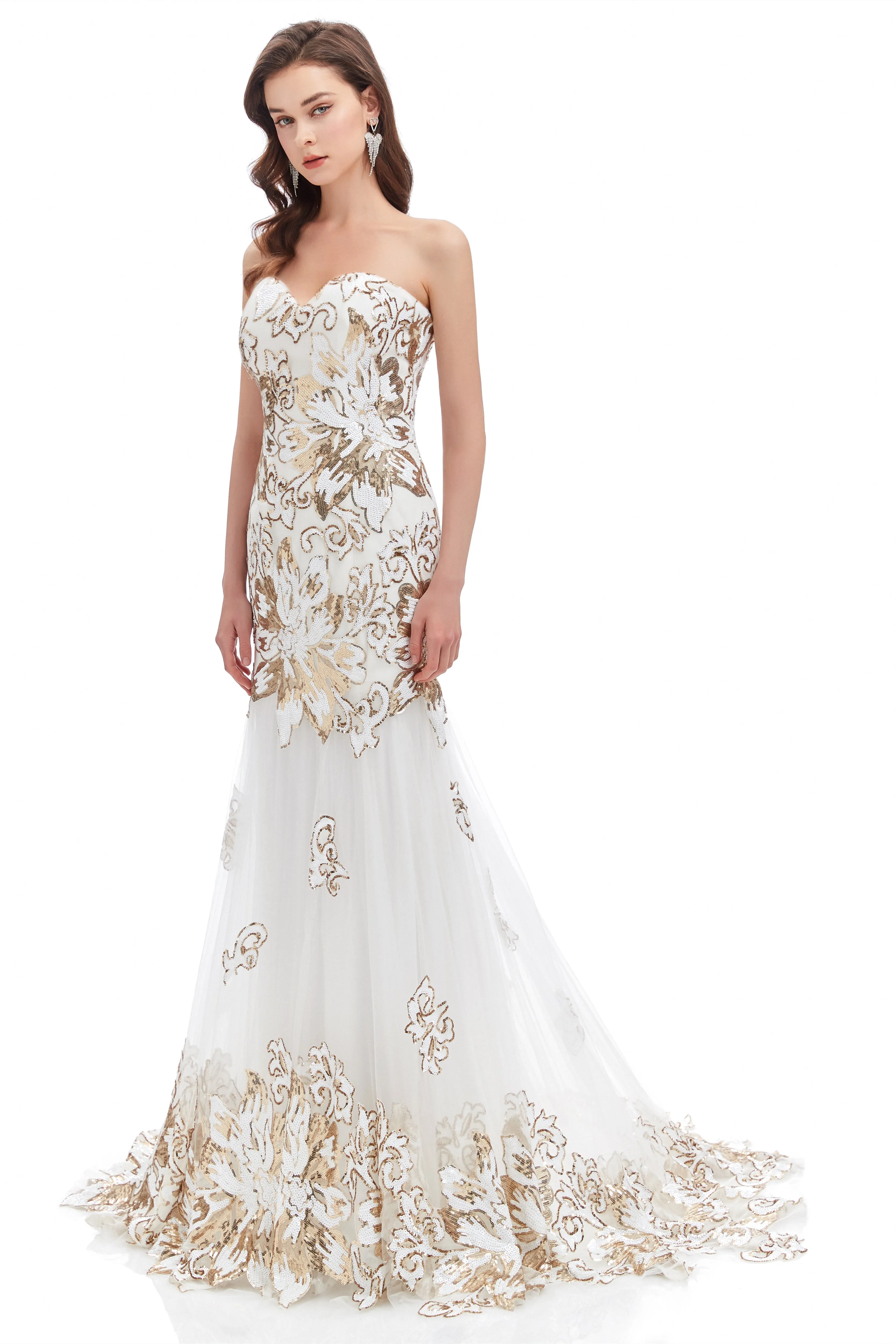 Mermaid Strapless Sweetheart Lace Sequined Floor-length Sleeveless Backless Prom Dress