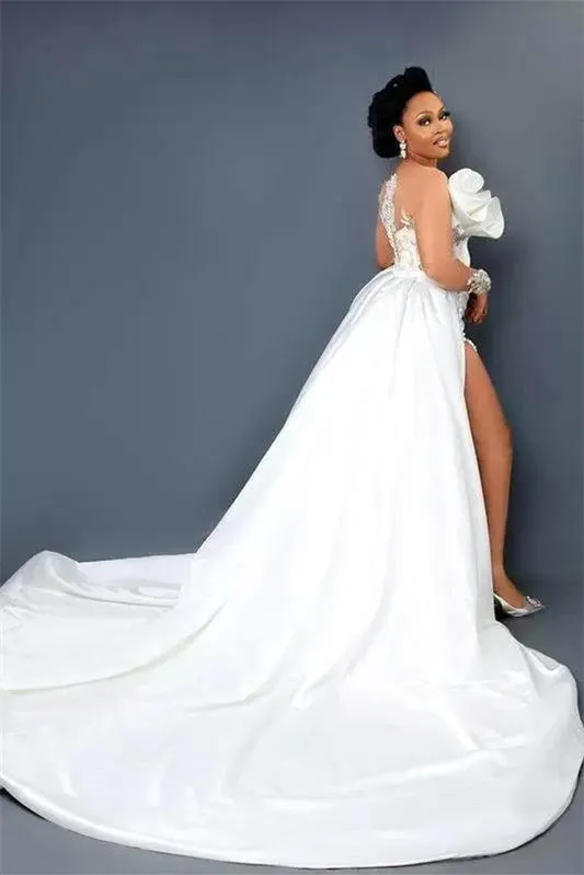 Mermaid V-neck Strapless High Split Applique Floor-length Long Sleeve Flower Wedding Dress