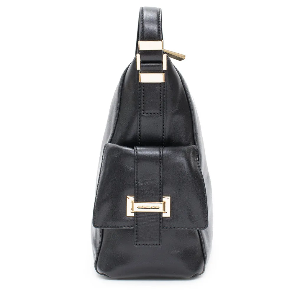 Michael Kors Marly Large Leather Shoulder Handbag Black Bag Hobo Gold Purse New
