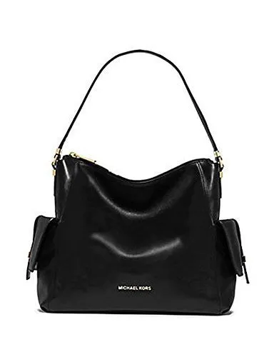 Michael Kors Marly Large Leather Shoulder Handbag Black Bag Hobo Gold Purse New