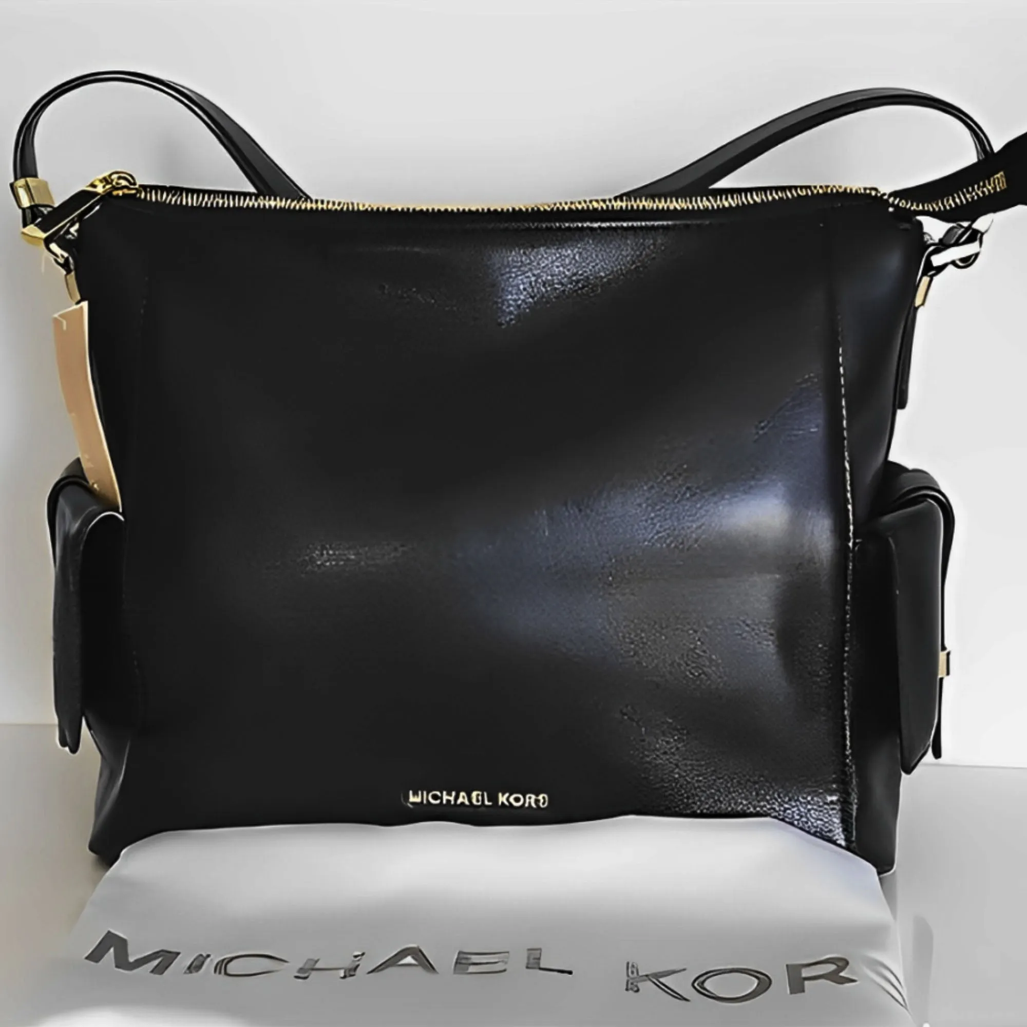Michael Kors Marly Large Leather Shoulder Handbag Black Bag Hobo Gold Purse New