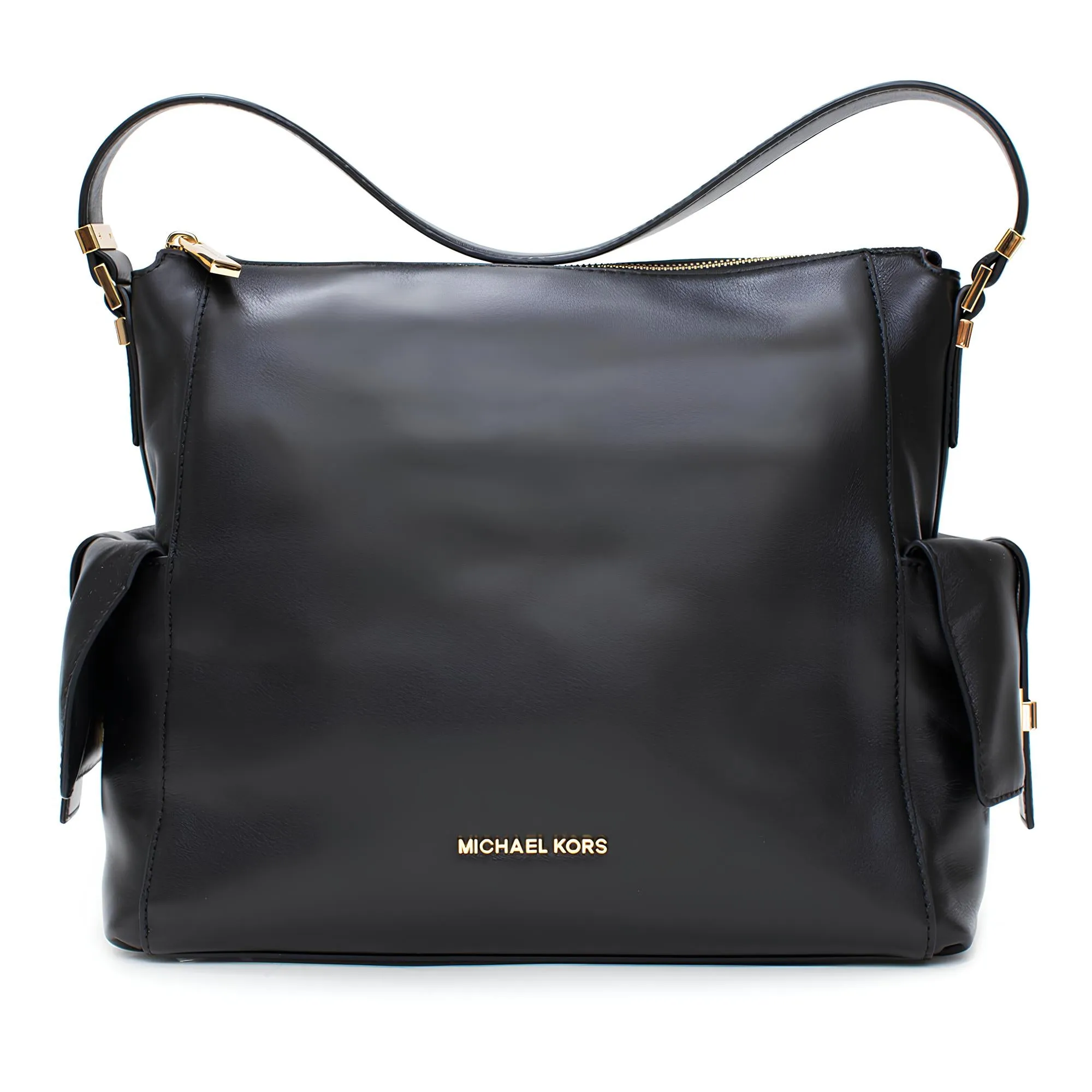 Michael Kors Marly Large Leather Shoulder Handbag Black Bag Hobo Gold Purse New