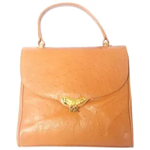 MINT. Vintage Nina Ricci tan brown ostrich-embossed leather handbag purse with golden motif at closure. Masterpiece by Maroquinerie