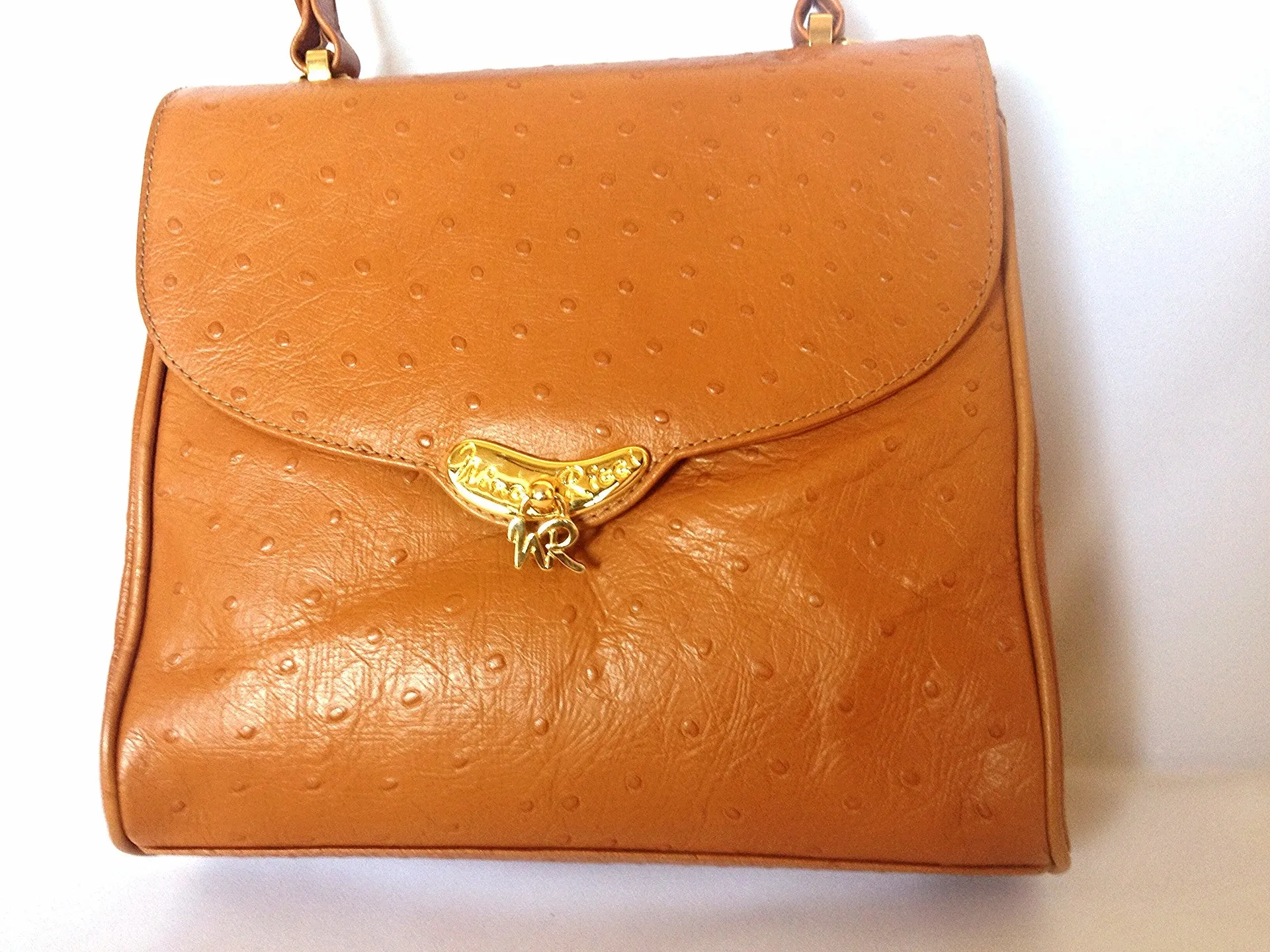 MINT. Vintage Nina Ricci tan brown ostrich-embossed leather handbag purse with golden motif at closure. Masterpiece by Maroquinerie