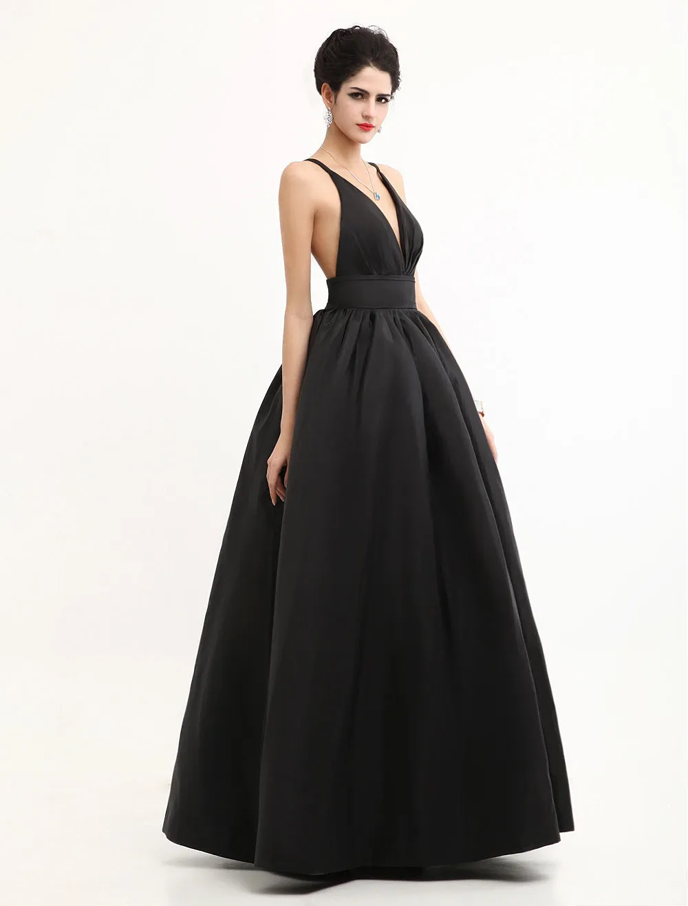 Modern Celebrity Dresses Black Oscar Evening Dress Straps Backless Deep V Taffeta Dress