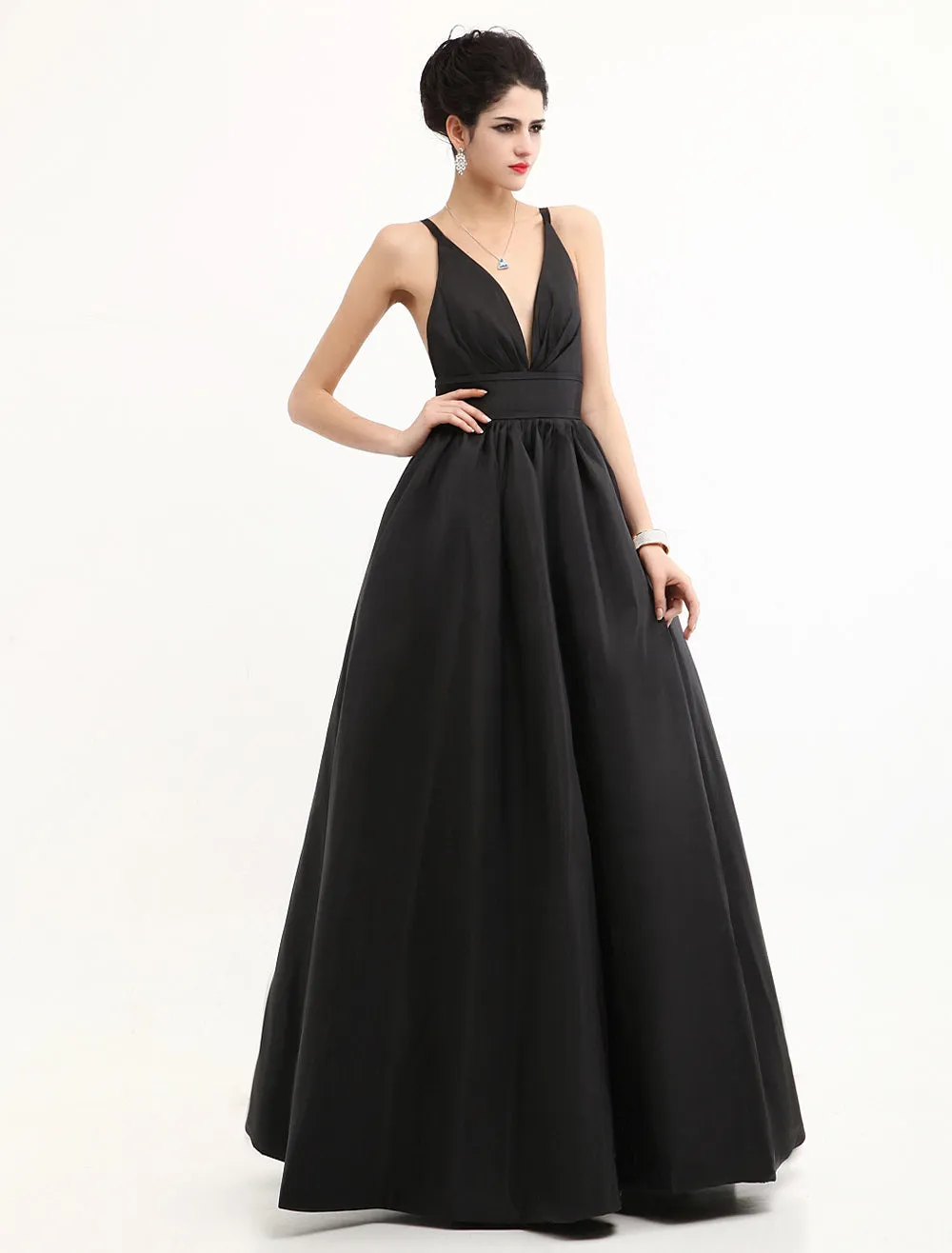 Modern Celebrity Dresses Black Oscar Evening Dress Straps Backless Deep V Taffeta Dress