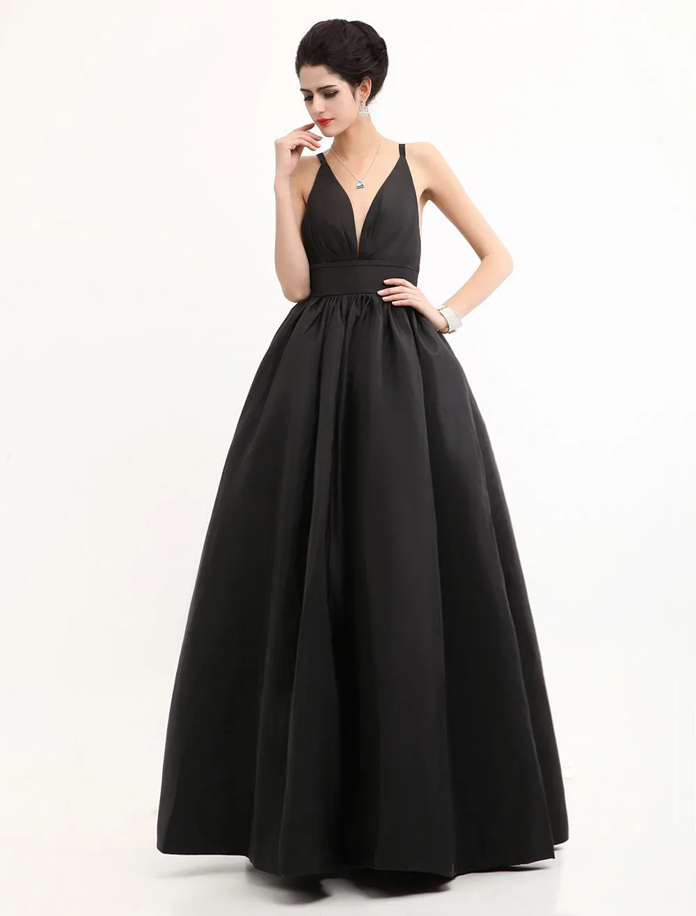 Modern Celebrity Dresses Black Oscar Evening Dress Straps Backless Deep V Taffeta Dress