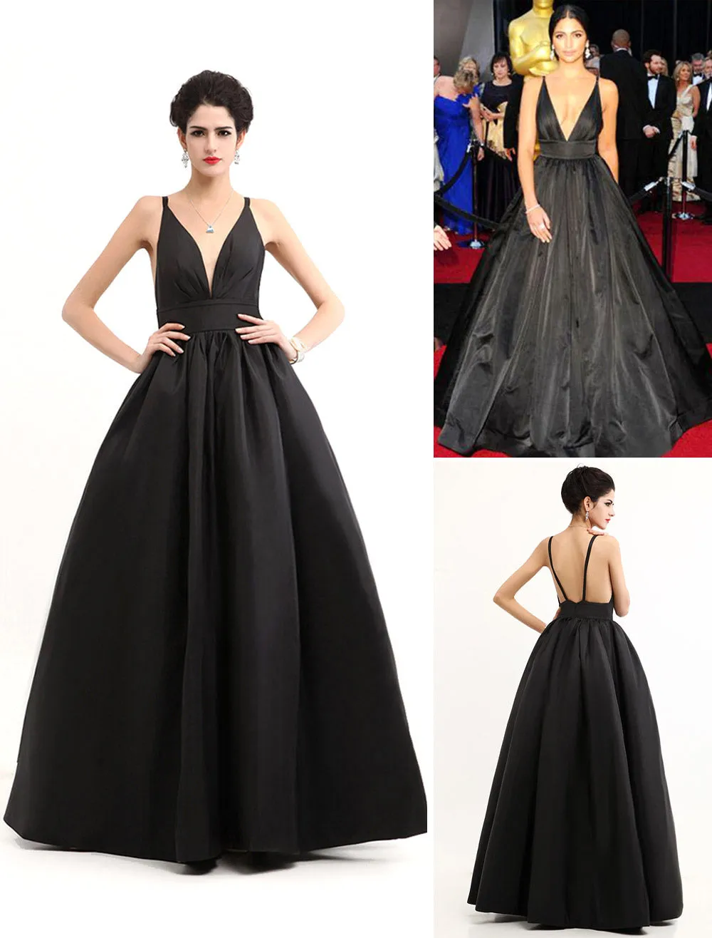 Modern Celebrity Dresses Black Oscar Evening Dress Straps Backless Deep V Taffeta Dress