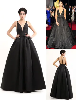 Modern Celebrity Dresses Black Oscar Evening Dress Straps Backless Deep V Taffeta Dress