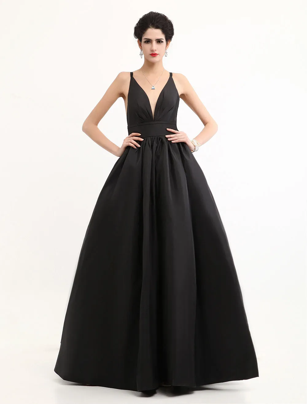 Modern Celebrity Dresses Black Oscar Evening Dress Straps Backless Deep V Taffeta Dress
