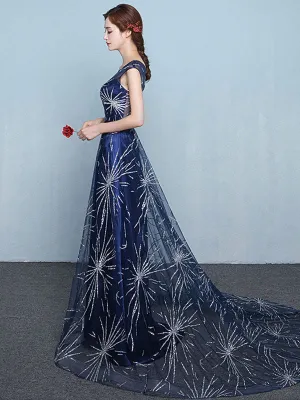 Modern Constellation Dress Dark Navy Evening Dress  Sexy A Line Scoop Neck Sequin Star Tulle Formal Party Dresses With Train