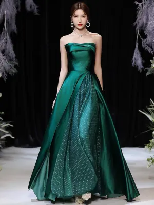 Modern Evening Dress A-Line Strapless Satin Fabric Floor-Length Pleated Formal Party Dresses Forest Green Pageant Dress