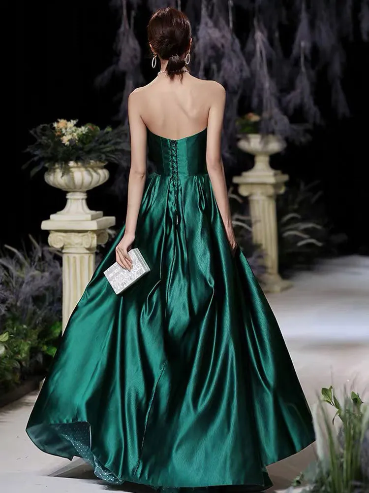 Modern Evening Dress A-Line Strapless Satin Fabric Floor-Length Pleated Formal Party Dresses Forest Green Pageant Dress