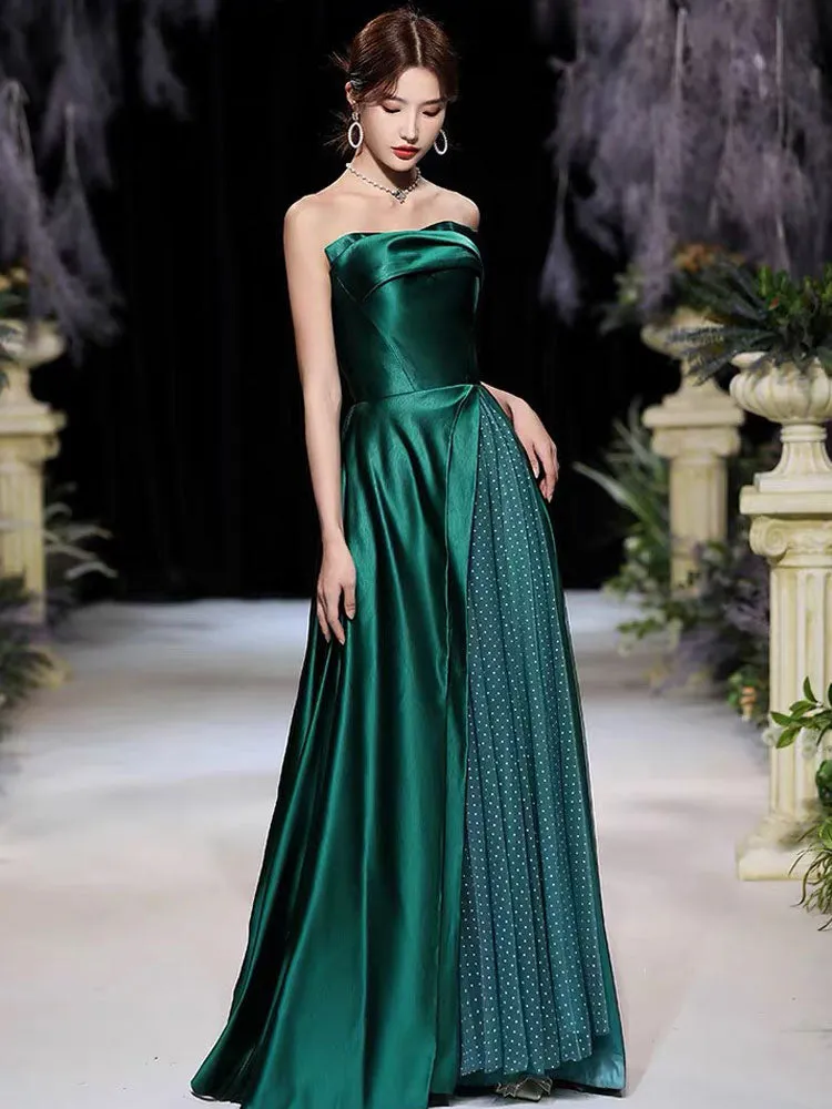 Modern Evening Dress A-Line Strapless Satin Fabric Floor-Length Pleated Formal Party Dresses Forest Green Pageant Dress