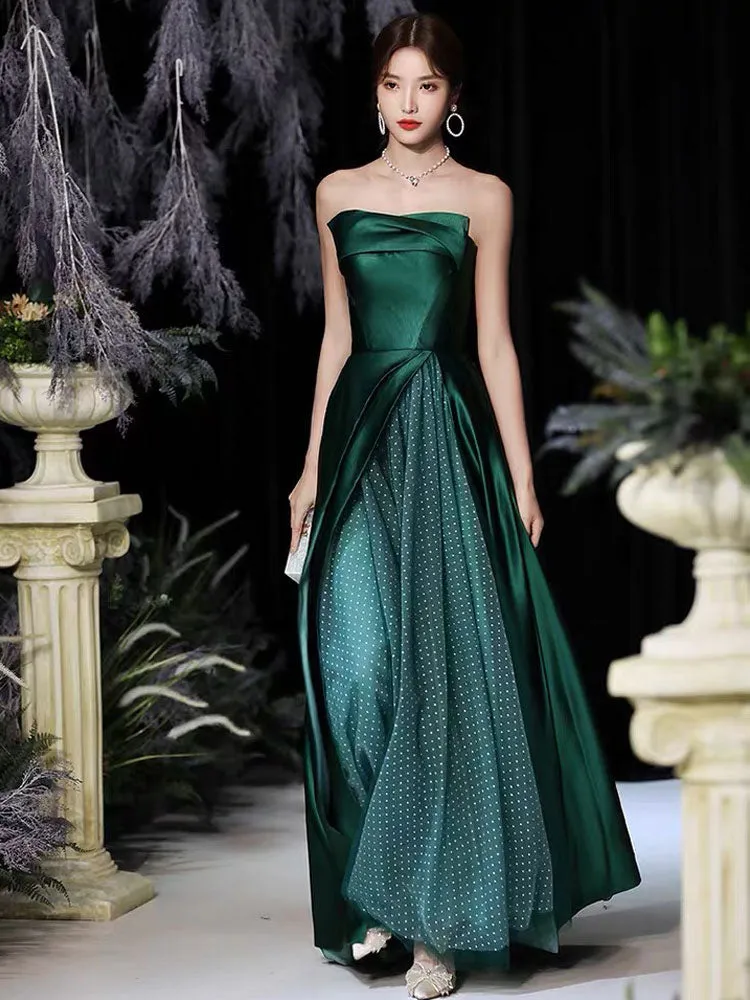Modern Evening Dress A-Line Strapless Satin Fabric Floor-Length Pleated Formal Party Dresses Forest Green Pageant Dress